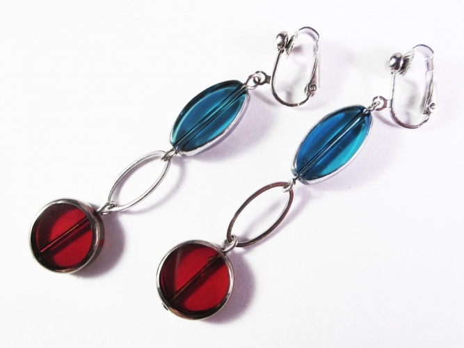 Lange türkis rote Ohrclips Ohrhänger aus Kristallglas mit Silberrahmen - Glasschmuck