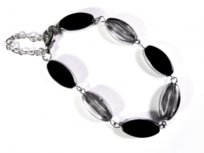 Schwarz weisses Armband / Armkette mit Kristallglasperlen mit Silberrand - Glasschmuck