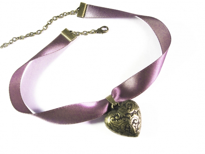 Lila Halsband mit bauchigem bronzefarben Trachtenherz - Trachtenschmuck Dirndlschmuck