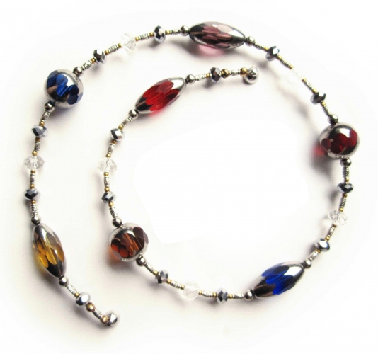 Filigrane Halskette 46cm mit farbigen Kristallglasperlen und Tibetsilber - Bunter Glasschmuck