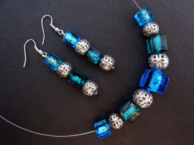 Blaugrün silberfarben Halskette mit Ohrringen Schmuckset