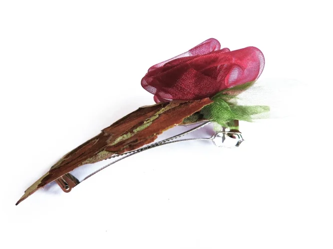 Haarspange mit Rinde und roter Rose UNIKAT - Haarspange Haarschmuck