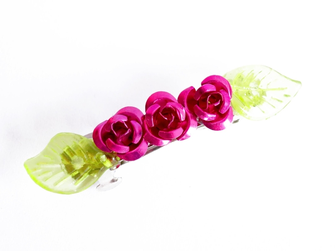 Kleine grüne Haarspange mit kleinen Blättern und pinker Rose UNIKAT - Haarspange Haarschmuck