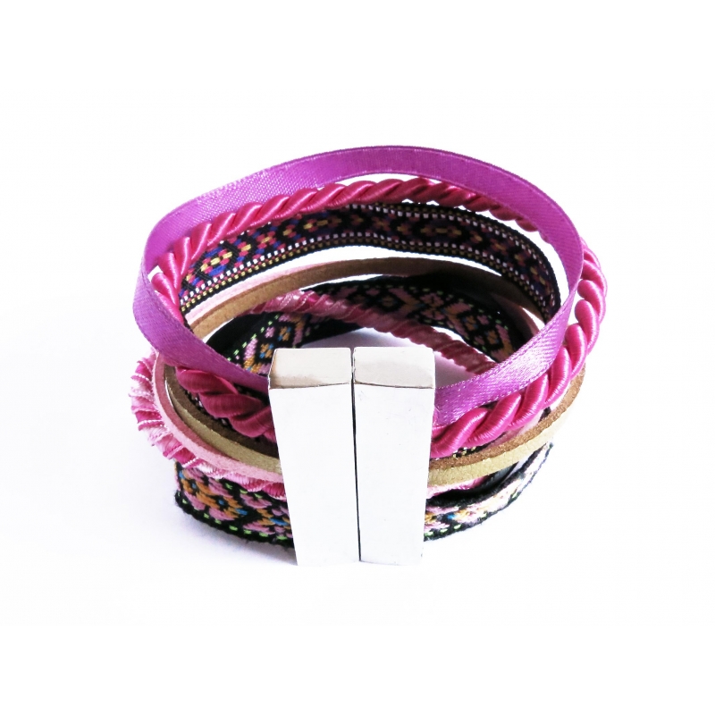 Pink schwarzes Stoffarmband mit breitem Magnetverschluss - Wickelkarmband aus Stoff