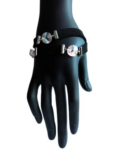 Schwarzes Lederarmband mit schillernden Rivoli und Kunstleder - Veganes Lederarmband