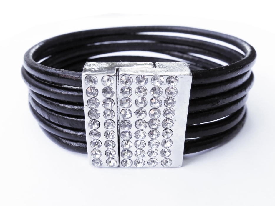 Schwarzes Lederarmband mit Strass Magnetverschluss - Lederarmband mit Strass