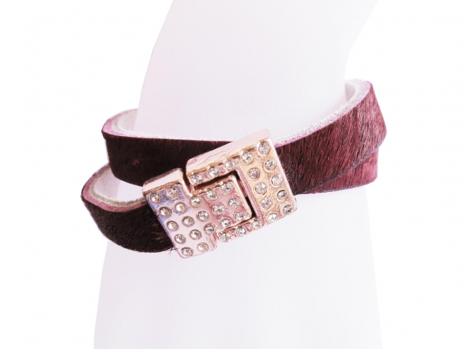 Bordeaux Fellarmband mit rosegold Strass Magnetverschluss - Wickelarmband Lederarmband