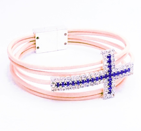 Rosa Wickelarmband aus Leder mit Strasskreuz und Magnetverschluss - Lederarmband mit Strass