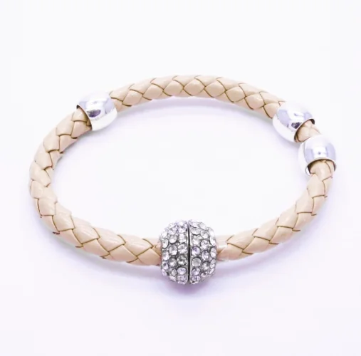 Creme Lederarmband mit Strass Magnetverschluss Kunstleder - Veganes Lederarmband