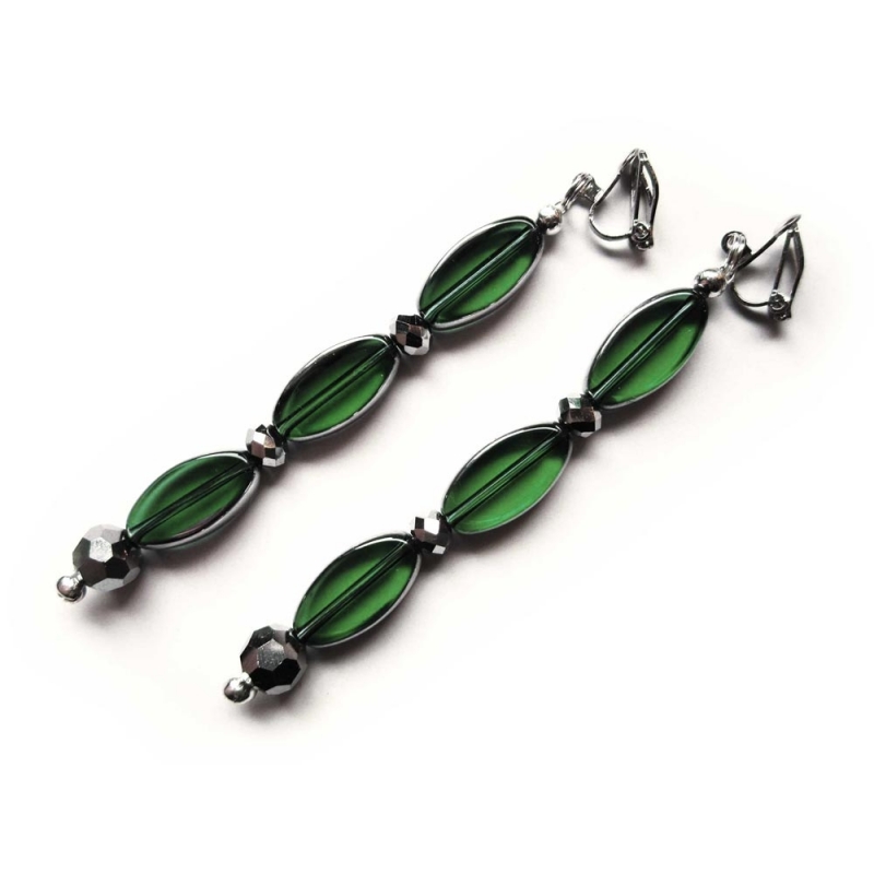 Grüne lange Ohrringe Ohrclips aus Kristallglas