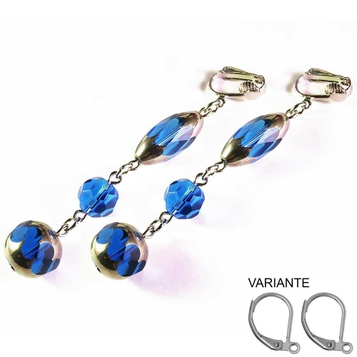 Lange blaue Ohrclips dreigliedrige Ohrhänger CLIPS aus bauchigen Kristallglasperlen mit Silberrand