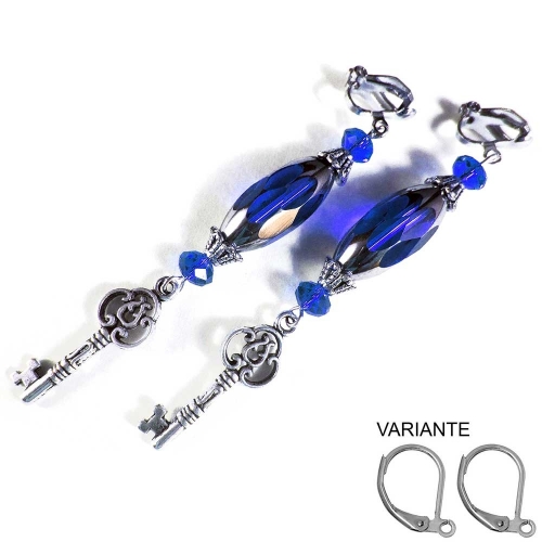 Lange Ohrclips silber kobaltblau Ohrhänger mit silberfarbenem Schlüssel
