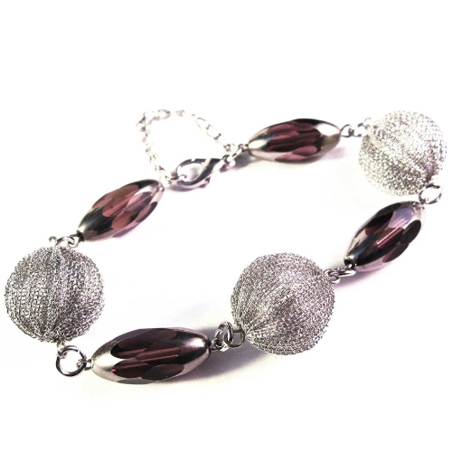 Lila Armband / Armkette mit Kristallglasperlen und Drahtperlen - Glasschmuck