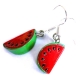 Rot grüne Wassermelonen Ohrringe mit kleinen grünen Blättchen - bunter Sommerschmuck