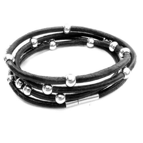 Schwarzes Wickelarmband aus Leder mit Magnetverschluss aus Rindsleder - Lederarmband