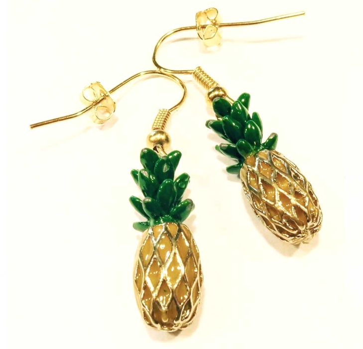 Gelb grün goldfarbene Ananas Ohrringe - bunter Sommerschmuck