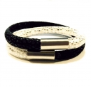 Schwarz weißes Kunstleder Armband mit Edelstahl Magnetverschluss und mit Glitzerpunkten - Veganes Lederarmband