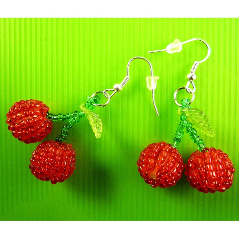 Rot Grüne Ohrringe mit Kirschen - bunter Sommerschmuck