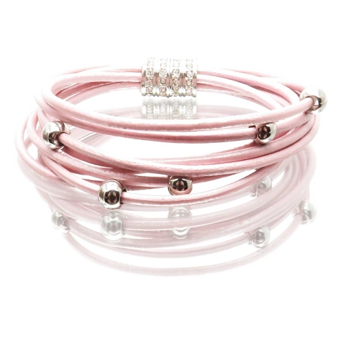 Rosa Lederarmband mit Edelstahlperlen und Strass Magnetverschluss - Lederarmband mit Strass