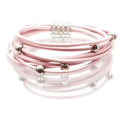 Rosa Lederarmband mit Edelstahlperlen und Strass Magnetverschluss - Lederarmband mit Strass