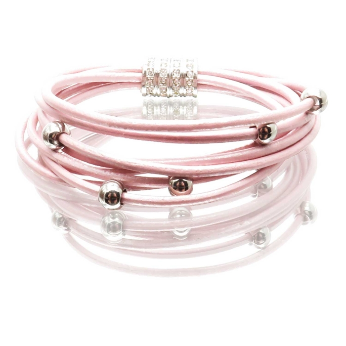 Rosa Lederarmband mit Edelstahlperlen und Strass Magnetverschluss - Lederarmband mit Strass