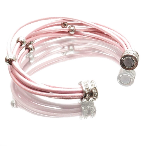 Rosa Lederarmband mit Edelstahlperlen und Strass Magnetverschluss - Lederarmband mit Strass