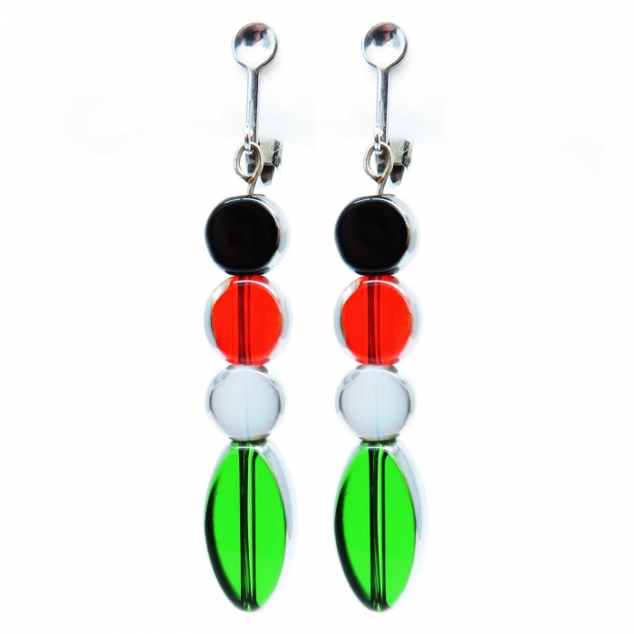 Schwarz rot grüne Ohrhänger / Ohrclips aus Glas mit silberfarbenem Rand