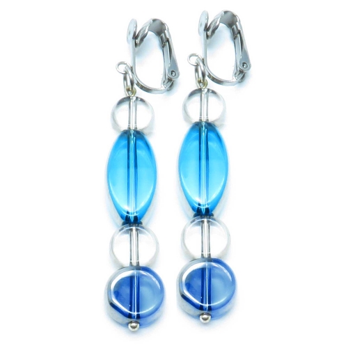 Blautönige Glas Ohrhänger / Ohrclips mit silberfarbenem Rand