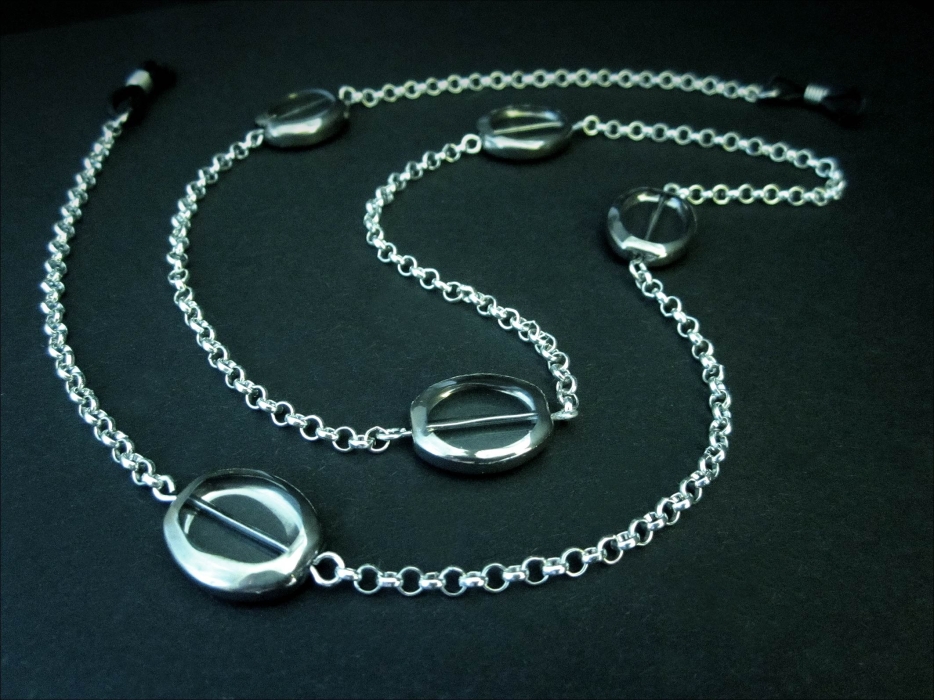 Silber Brillenkette mit ovalen Kristallglasperlen mit Silberrahmen