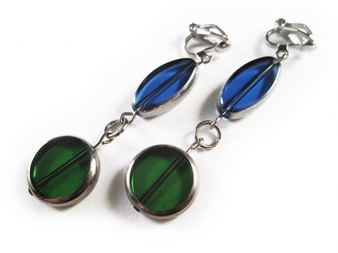 Blau grüne Ohrclips Ohrhänger aus Kristallglas mit Silberrahmen