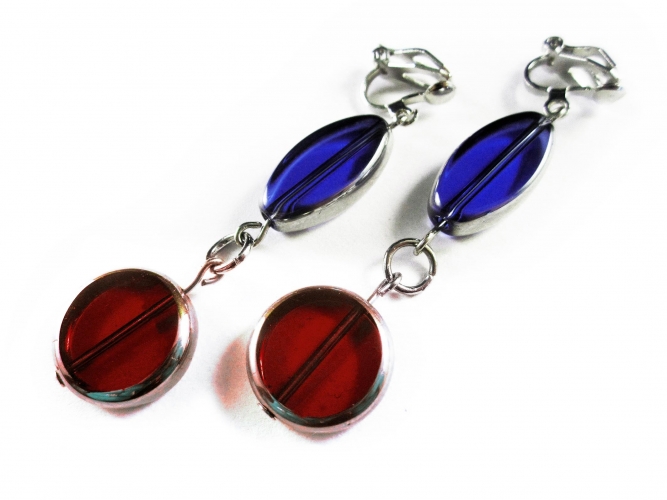 Rot Blaue Ohrclips Ohrhänger aus Kristallglas mit Silberrahmen