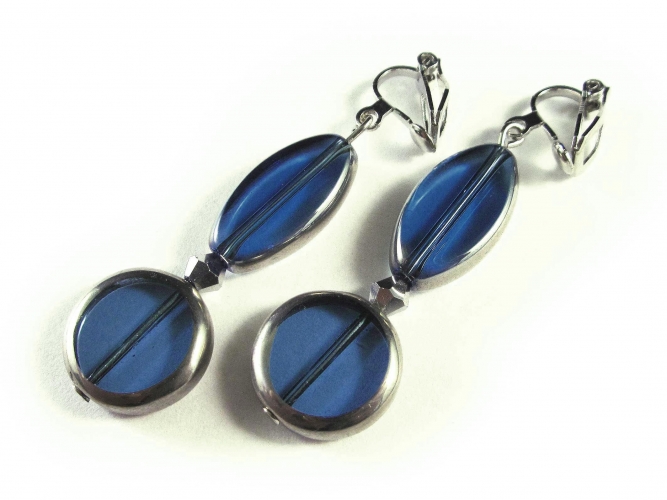 Blaue Ohrclips Ohrhänger aus Kristallglas mit Silberrahmen
